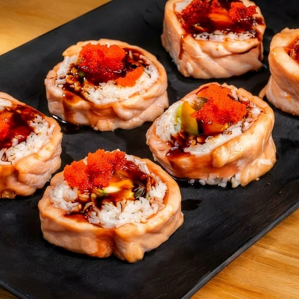 Six salmon sushi rolls with rice, roe, and dark sauce on a black rectangular plate.