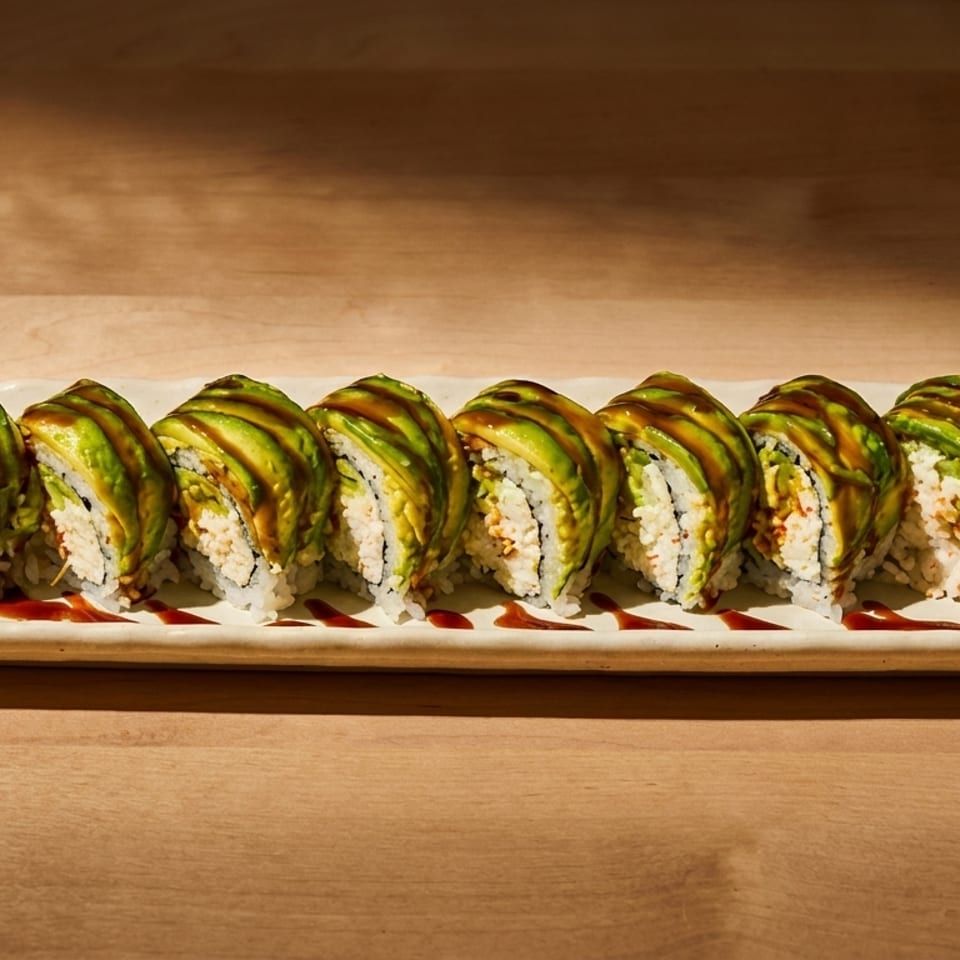 Eight avocado-topped sushi rolls with sauce, wasabi, and ginger on a white rectangular plate.