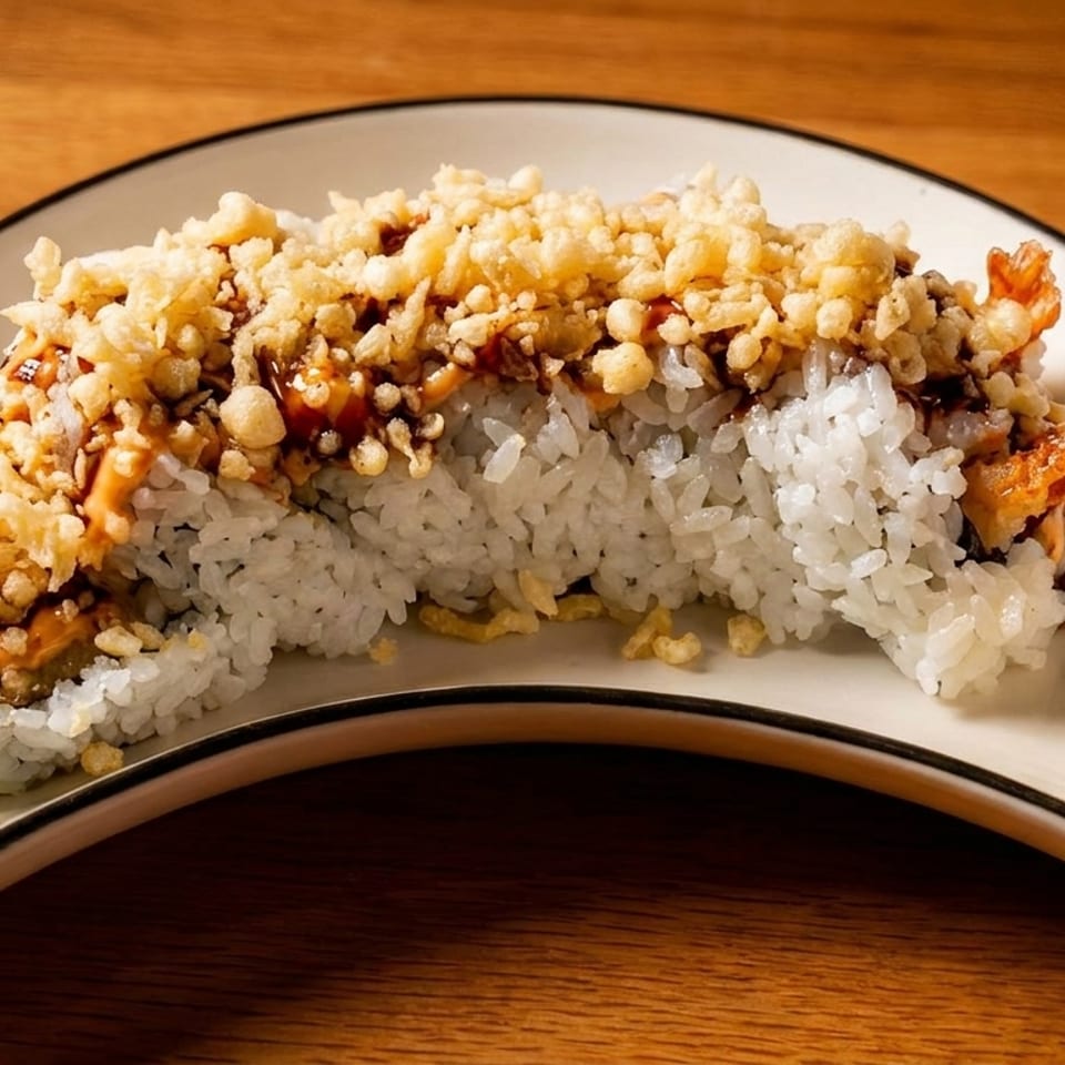 Sushi roll topped with crispy tempura flakes and sauce, served with wasabi and pickled ginger.