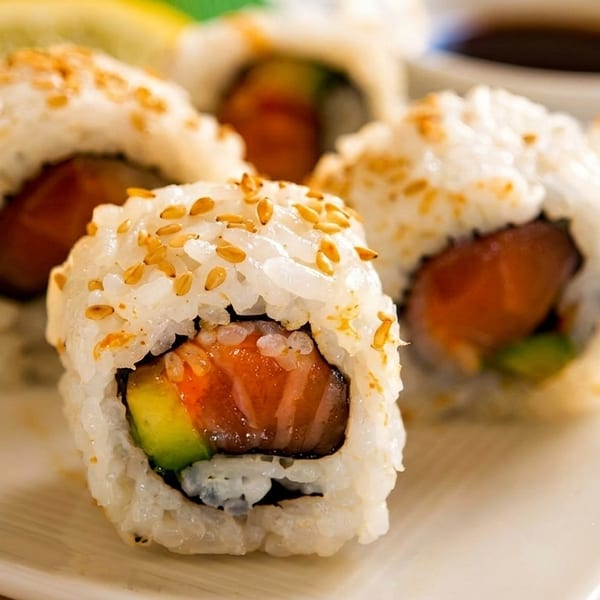 Four salmon and avocado sushi rolls with sesame seeds on a white plate, with soy sauce and lemon.