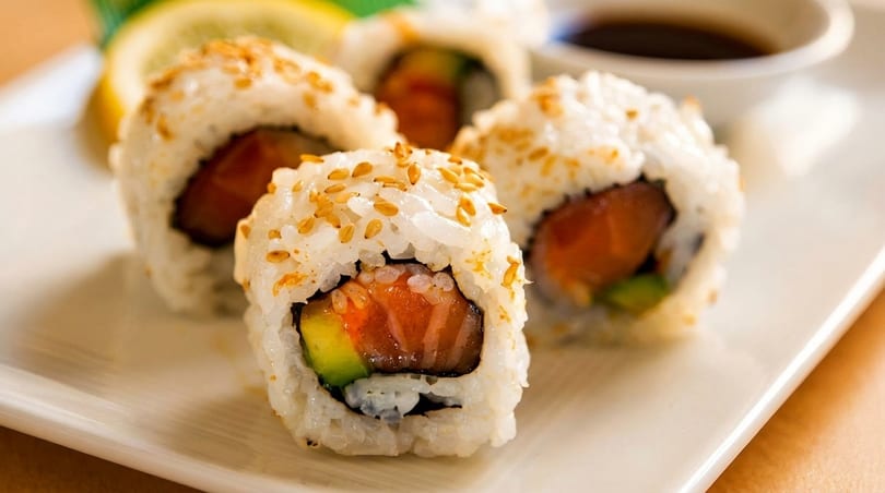 Four salmon and avocado sushi rolls with sesame seeds on a white plate, with soy sauce and lemon.