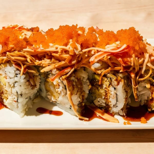 Sushi roll topped with orange tobiko, shredded crab, and dark sauce on a white plate.