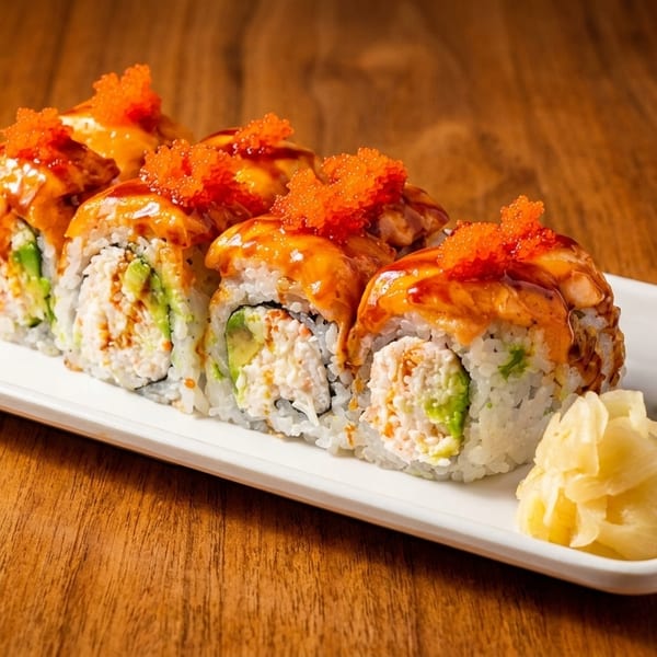 Sushi rolls with avocado, crab, and roe on a white plate with wasabi and ginger.