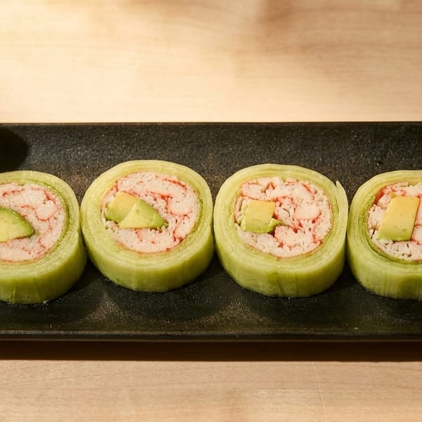 Six cucumber-wrapped sushi rolls with crab and avocado, served on a black plate with pickled ginger.