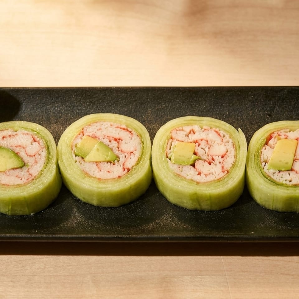Six cucumber-wrapped sushi rolls with crab and avocado, served on a black plate with pickled ginger.