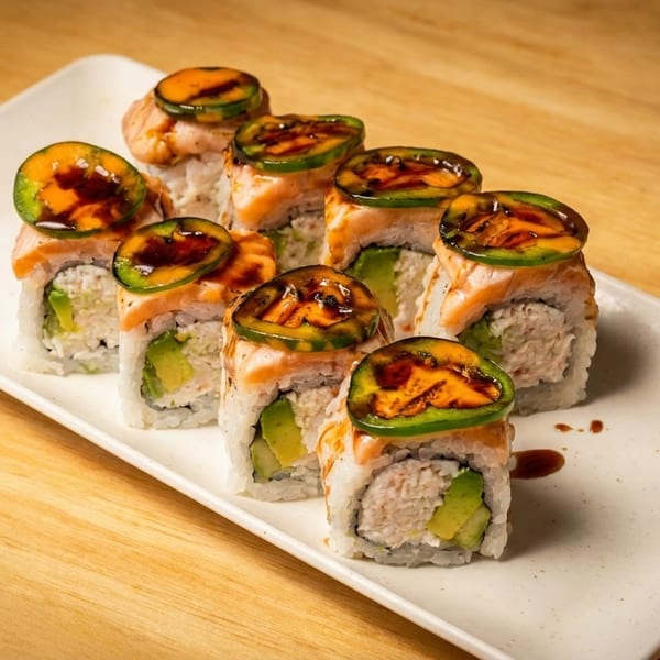 Sushi rolls with salmon, avocado, and jalapeño slices on a white rectangular plate.