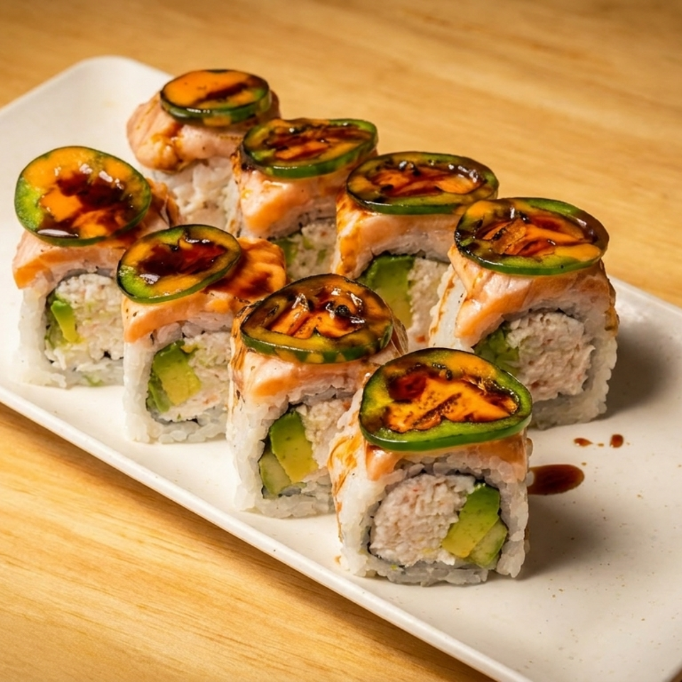 Sushi rolls with salmon, avocado, and jalapeño slices on a white rectangular plate.