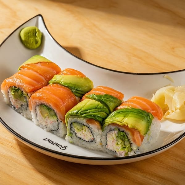 A crescent-shaped plate holds six sushi rolls topped with salmon and avocado, with wasabi and ginger.
