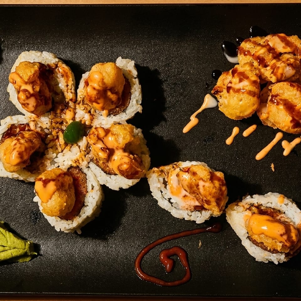 Sushi rolls and fried shrimp tempura with sauces, pickled ginger, and wasabi on a black plate.