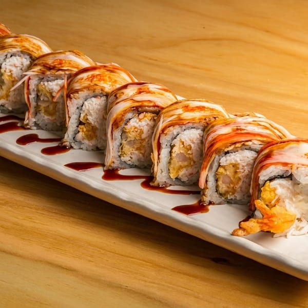A long white plate holds ten sushi rolls with shrimp tempura, rice, and crab stick topping.