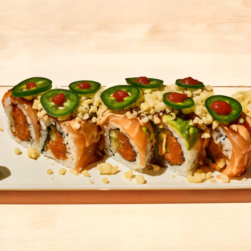 Sushi Go's spicy salmon rolls topped with jalapeños, red sauce, and crunchy bits.